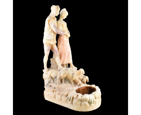 Large 19/20th Century Carved Alabaster Lamp "Sheep Herders" Signed Milscotte on Obverse Side. Measures 24-1/2" H x 9" W x 16"