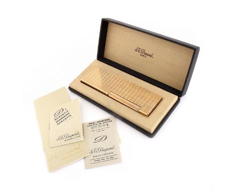 Oversized Vintage Dupont Gold Plate Lighter with Original Fitted Box and Papers. Measures 5-3/8" H, 1-1/2" W. Condition: Appe