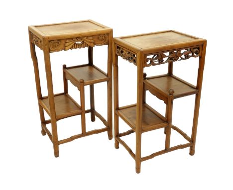 Two (2) Antique Chinese Carved Hardwood Stands with Lower Shelves. Carved openwork on apron. Largest measures 30-1/4" H x 16-