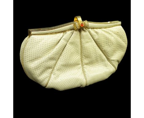 Vintage Judith Leiber Clutch. Tan Karun leather with gold tone hardware, jeweled clasp. Labeled appropriately. Measures 5" x 