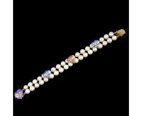 Art Nouveau Double Strand 6.5mm White Pearl, Enamel Pansies and 14 Karat Yellow Gold Bracelet. Stamped 14K Measures 6-1/4" L,