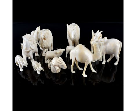 Grouping of Twelve (12) Antique Oriental Carved Ivory Miniature Animal Figurines. Consists of 11 Chinese figurines along with