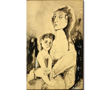 20th Century Gouache on Paper, Portrait of a Mother and Child, Signed Foudos? Lower Right. Some water spots to paper. Measure