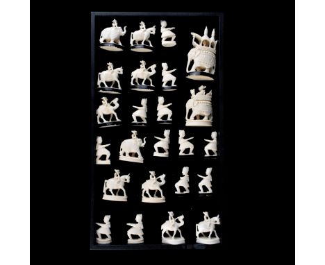 Twenty Four (24) Piece Lot of Indian Carved Ivory Figural Incomplete Chess Set. Various forms. Tallest measures 3-1/2" H, sma