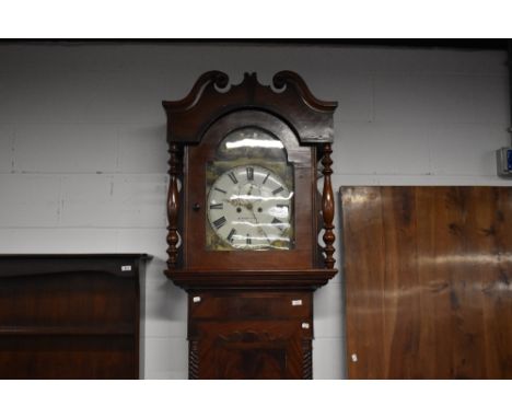 A Victorian long cased clock having mahogany case, with arch dial, 8 day movement and painted dial with rural game design, pe