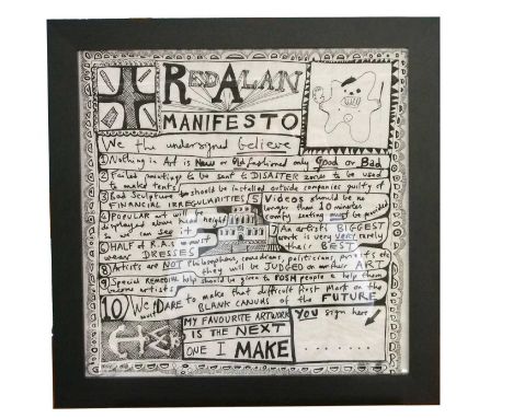 Grayson Perry CBE RBA (British, b.1960), "Red Alan Manifesto", digital print on napkin, 31.5x31.5cm, framed and glazed