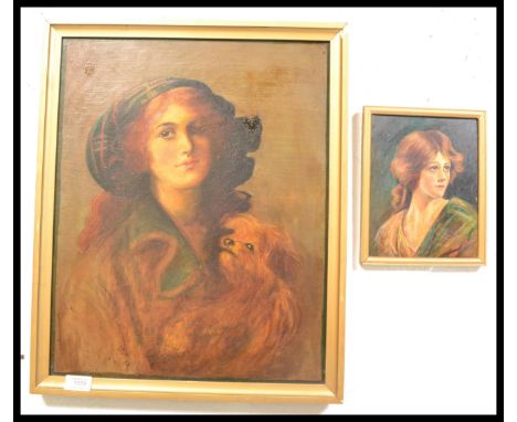 An early 20th Century portrait study oil on canvas painting of a lady in Scottish dress with her dog together with a smaller 