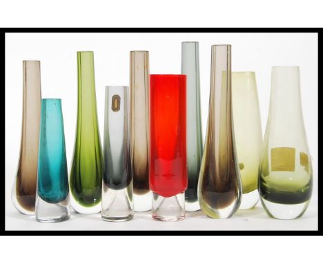 Geoffrey Baxter - Whitefriars - A group of vintage 1960's studio art glass to include various tapering ovoid cased vases cyli