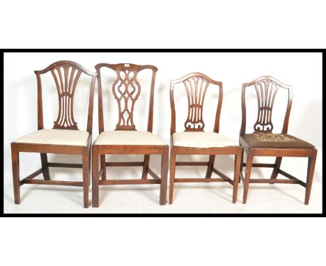 A harlequin set of four 19th Century splat back dining chairs to include a Chippendale revival chair and three splat back cha