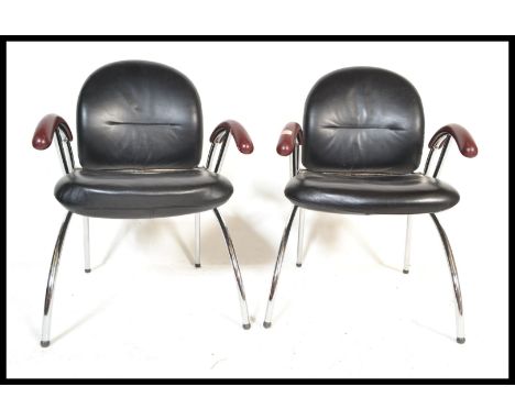 A superb pair of late 20th century retro vintage Bauhaus / Thonet inspired designer armchairs comprising of a heavy steel and