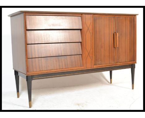A vintage / retro 20th Century sideboard / credenza, having a run four beehive drawers to left and two door cupboard to right