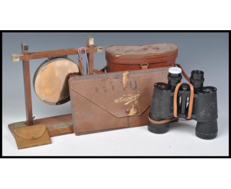 A collection of vintage items to include a wooden and silver plated mounted Chinese table gong, a pair of cased Omega binocul