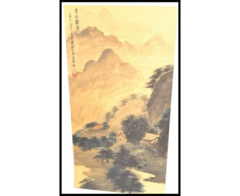 After Fu Baoshi (1904-1965) Chinese School 20th Century. A watercolour painting on canvas scroll depicting mountain scene wit