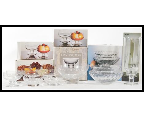 A collection of vintage Dartington glass to include two crystal dip dishes, four Sundae glasses, an Athena footed bowl, a Reg