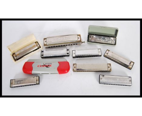 A good collection of vintage harmonicas to include Hohner Weekender, Super Chromonica, boxed Big River Harp and a loose examp