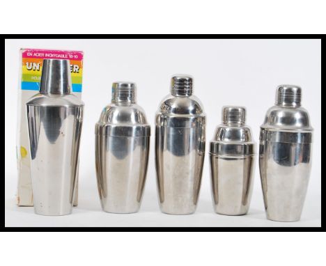 A group of five vintage retro 20th Century Art Deco stainless steel / silver plated cocktail shakers to include Italian and b