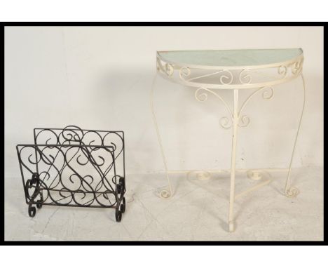 A vintage retro 20th Century metal scrollwork demilune console side table painted white with inset glass top. Measures 72 cm 