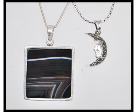 Two stamped 925 silver necklaces to include a snake chain having a square pendant set with grey agate (chain measures 18 inch
