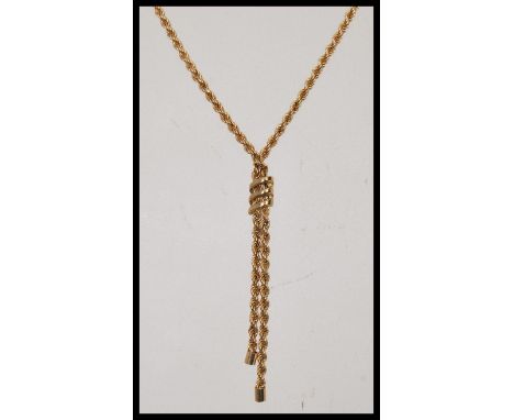 A hallmarked 9ct gold rope twist necklace chain having tasseled end and bolt ring clasp. Weights 3.2 grams. Measures 17 inche