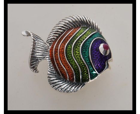 A stamped 925 silver brooch in the form of an angel fish having coloured guilloche panels and hinge pin to the verso. Weight 
