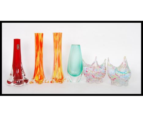 A collection of retro 20th Century studio glass items to include a Whitefriars molar lobed ruby glass stem vase, two mottled 