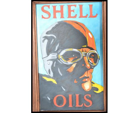 A contemporary artists impression of a vintage enamel advertising sign for Shell Oils, the representation painted on board wi