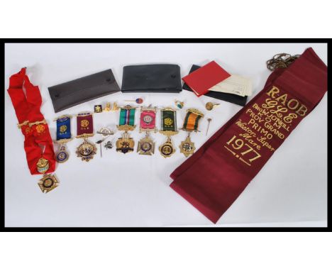 Masonic / Lodge Interest. A collection of Order Of Buffalo items to include sashs, cufflinks, pins, silver hallmarked medals.