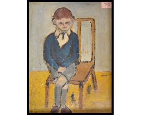 A 20th century oil on board naive portrait study painting depicting a young boy sitting on a chair wearing a school uniform w