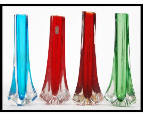 Geoffrey Baxter - Whitefriars - A group of vintage 1960's studio art glass tricorn three sided vases&nbsp;9570 one in kingfis