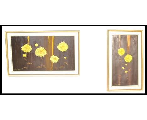 Bradley Carter English 20th Century - A pair of 20th Century acrylic on canvas paintings depicting large yellow&nbsp;chrysant