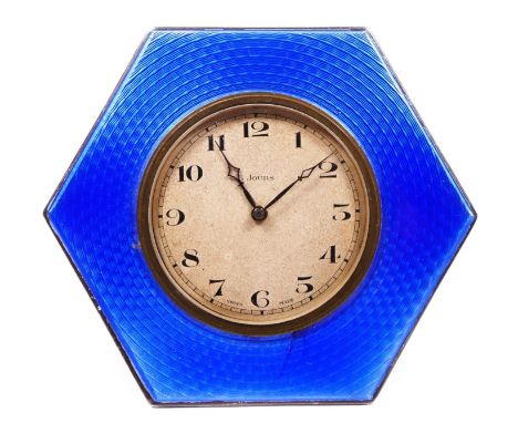 An Art Deco silver and blue guilloche enamel desk clock, Birmingham 1928, 8.5cm 