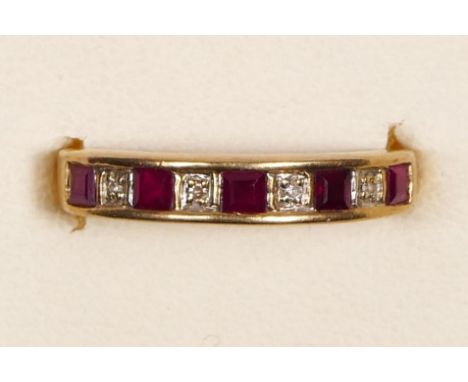 A 9ct gold ruby and diamond half eternity ring, L, 1.7gm 