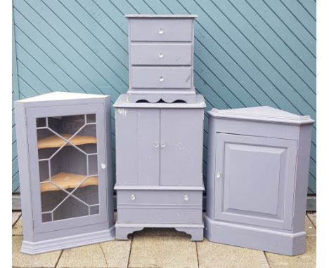 Painted pine furniture pieces, comprising of two corner cabinets, a bedside 3 height chest of drawers and a Hi-Fi cabinet, to