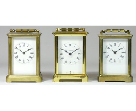 A Bayard eight day carriage clock, made in France, brass case with three bevelled glass sides, white dial with Roman numerals