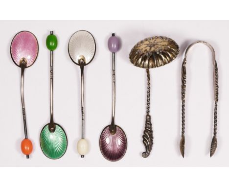 A silver and enamel set of four coffee bean spoons, Birmingham 1938, a silver sugar sifter spoon and sugar tongs, Birmingham 