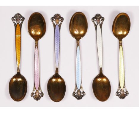 Th. Marthinsen, Norway, a set of silver gilt and enamel coffee spoons, with guilloche enamel decoration, 51gm 