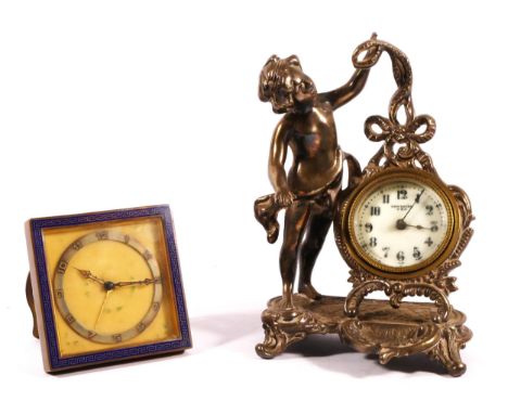 An Art Nouveau style figural desk clock, by New Haven Clock Co U.S.A, gilt brass with 8 day movement, 17cm tall, together wit
