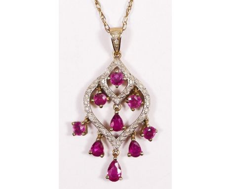 A 9ct gold ruby and diamond chandelier pendant, 30mm, with chain, 3.1gm 