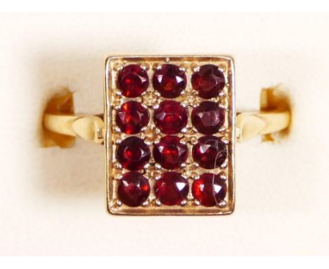 A vintage 9ct rose gold and garnet panel ring, London 1972, U, 4.3gm 