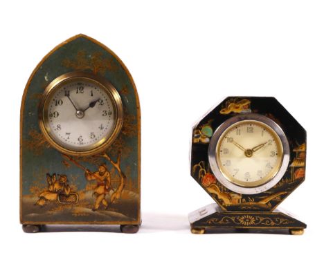 A mid 20th century French blue chinoiserie mantel clock, having a mechanical 8 day movement, 15cm tall, together with a hexag