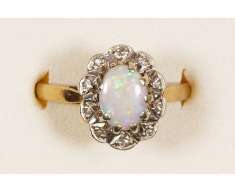 A 9ct gold opal and diamond cluster ring, N, 3gm 