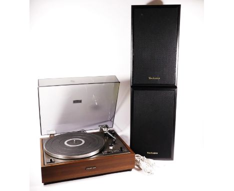 A Pioneer belt driven record turntable, model PL-120-II, together with a pair of Technics 2 way speakers, model SB-F911, comp