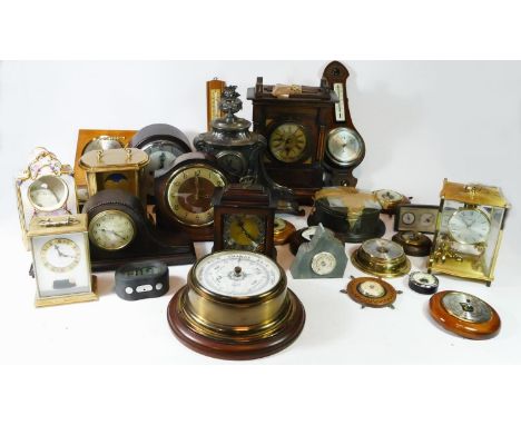 A collection of mid 20th century and later mantel clocks and barometers, having manual wind and quartz movements, in four box