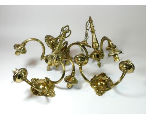 A pair of cold cast chandelier, brassed, each consists of three arched arms holding a shade, together with a pair of matching