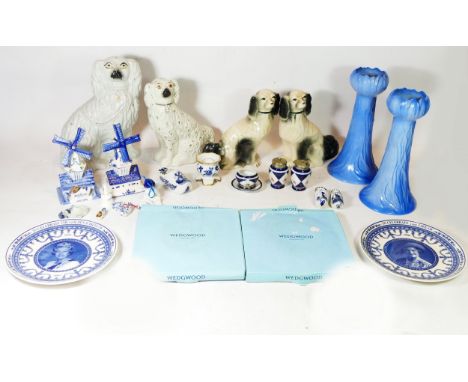 A collection of ceramics, to include Staffordshire dogs, Delftware, glass vases and others 