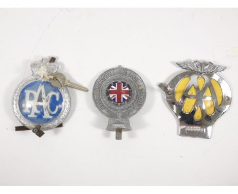 A 1930s Royal Automobile club (RAC) car badge, together with a later example and an AA car badge. (3) 