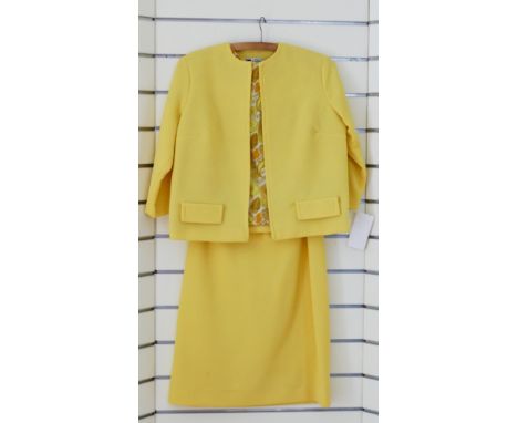 Vintage ladies Crimplene Yellow 3 piece suit. Comprising Jacket, blouse and skirt. Jacket chest 38"Blouse chest 38"Skirt L 23