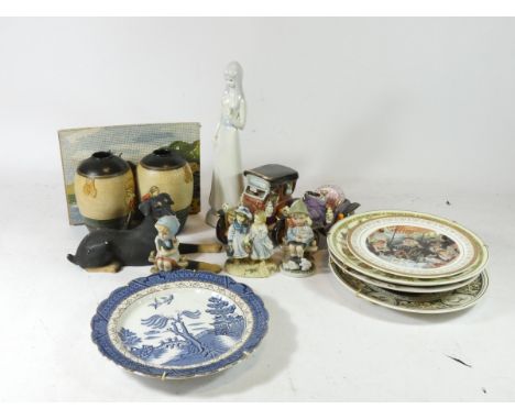 Five collectors plates including a plate from Real Old Willow, stamped A8025, a ceramic figure of a Pincher, a pair of balust