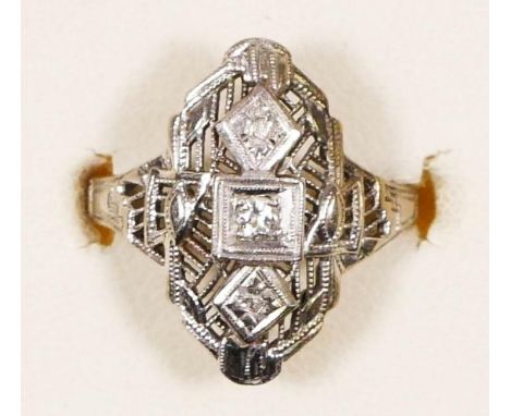 An American Art Deco 14K white gold and old cut brilliant diamond panel ring, c.1925, J, 2.3gm 