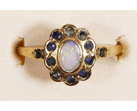 A 9ct gold opal and sapphire cluster ring, N, 1.8gm 